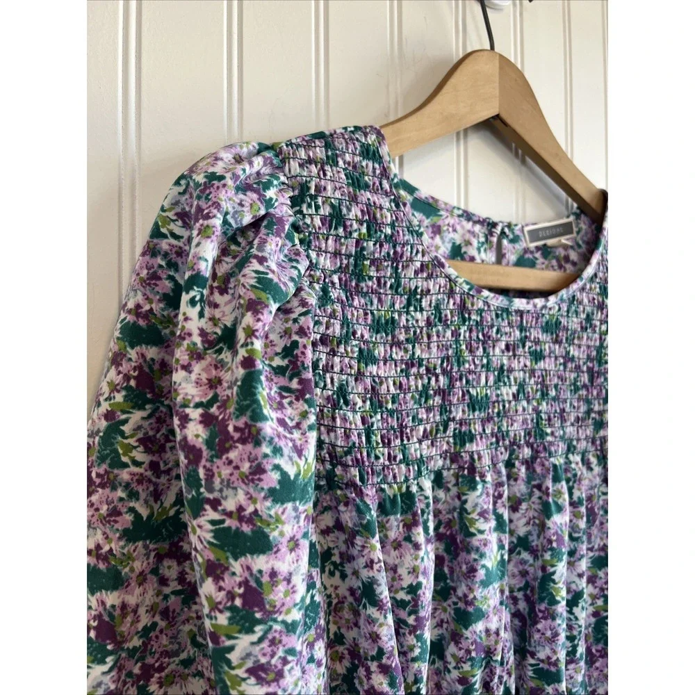 Pleione Blouse XS Peplum Puff 3/4 Sleeve Smocked Floral‎ Purple Green